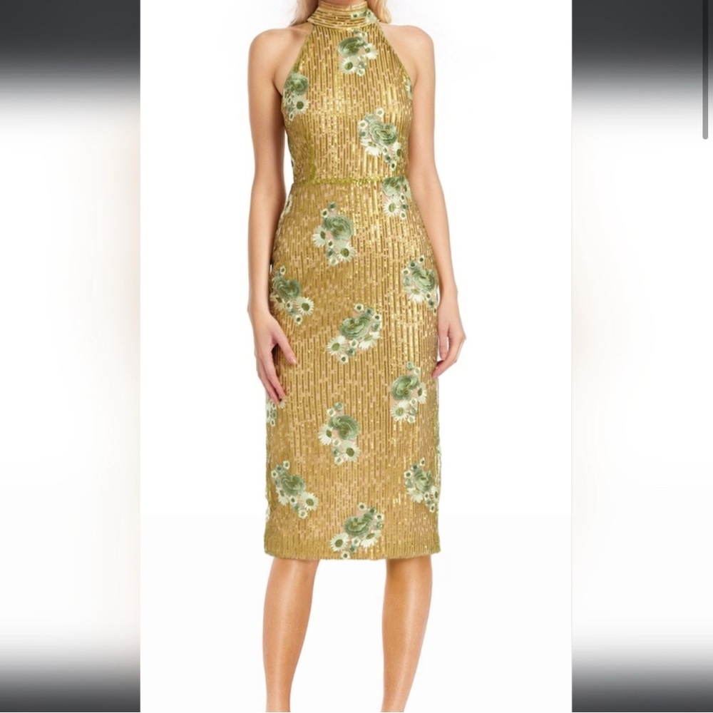 Jewel Badgley Mischka Gold Floral Midi Dress